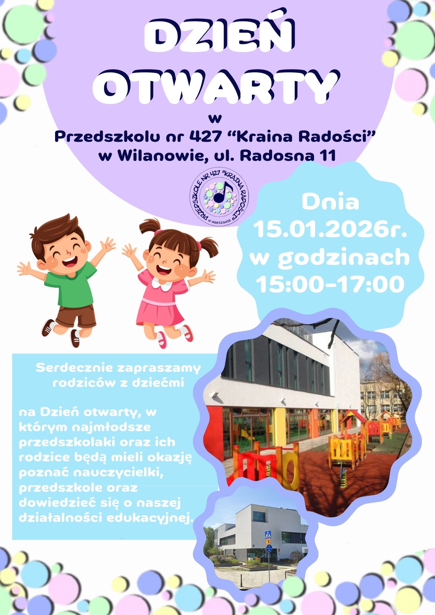 plakat informujący o dniu otwartym w przedszkolu 427 "Kraina Radości" 15.01.2026 r. w godzinach 15:00-17:00