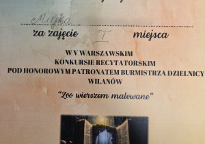 Dyplom za zajęcie pierwszego miejsca w konkursie recytatorskim
