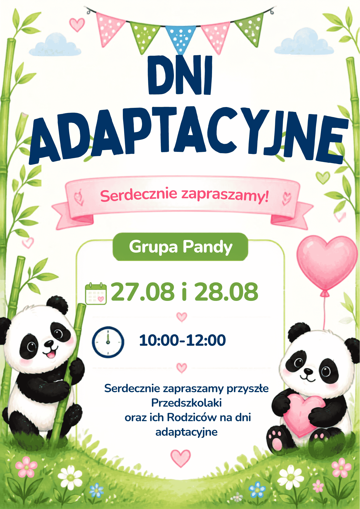 Plakat informujący o dniach adaptacyjnych dla przyszłych przedszkolaków i ich rodziców, które odbędą się 27 i 28 sierpnia w godzinach 10.00–12.00, ozdobiony ilustracjami pand.