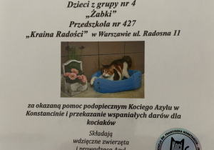 Podziękowanie za pomoc zwierzętom podopiecznym Kociego Azylu w Konstancinie