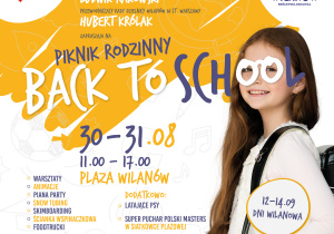 Plakat informujący o pikniku rodzinnym na Plaży Wilanów w godzinach 11:00-17:00 w dniach 30 - 31 sierpnia
