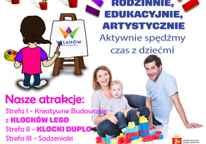 plakat informujący o wydarzeniu Rodzinnie, edukacyjnie, artystycznie – aktywnie spędźmy czas z dziećmi!13 września 2025 r., Godzina: 10:00 -14:00,Hala sportowa, ul. Wiertnicza 26a, Warszawa