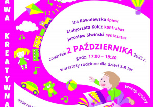 Plakat z informacją o warsztatach odbywających się w ramach projektu „Warszawa Kreatywna” organizowanego przez Polskie Towarzystwo Muzyki Współczesnej, współfinansowanego ze środków Miasta Stołecznego Warszawy. 2 października 2025 r. (czwartek) Godzina: 17:00 – 18:30 Biblioteka Publiczna w Dzielnicy Wilanów, Filia „Miasteczko Wilanów”, al. Rzeczypospolitej 14