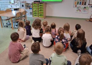 grupa dzieci siedzących na dywanie i oglądających bajkę edukacyjną na ekranie telewizora.