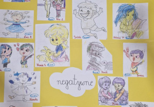 plakat z pracami dzieci – pokolorowanymi ilustracjami emocji, podzielonymi na „pozytywne” i "negatywne"