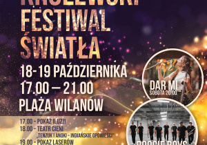 Plakat informujący o XIII Królewskim Festiwalu Światła w Wilanowie, który odbędzie się 18–19 października 2025 r. w godz. 17:00–21:00 na Plaży Wilanów; w programie pokazy iluzji, teatr cieni, koncerty, pokazy laserów i ognia, warsztaty, konkursy i foodtrucki.