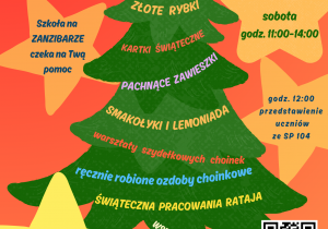 Na plakacie w kształcie choinki znajduje się zaproszenie na Kiermasz wolontariacki "Podziel się dobrem", który odbędzie się 29 listopada w godzinach 11.00 - 14.00. Wstęp na kiermasz jest bezpłatny, a zebrane środki zostaną przekazane na zakup projektora w szkole na Zanzibarze.