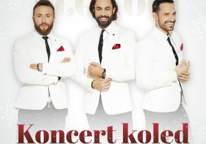 Plakat przedstawiający trio Tre Voci oraz zaproszenie do udziału w koncercie kolęd, które odbędzie się 10 stycznia 2026 roku o godzinie 16.00 w Świątyni Opatrzności Bożej. Wstęp wolny.