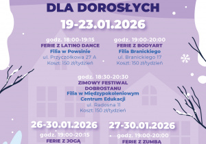 Plakat przedstawiający ofertę zajęć w ramach akcji "Zima w Mieście dla dorosłych" 2026 w placówkach Centrum Kultury Wilanów