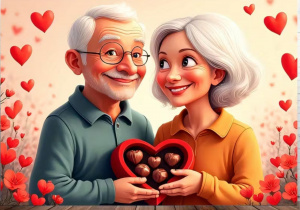 Na ilustracji w bajkowym stylu widać uśmiechniętą, starszą parę, siwowłosego mężczyznę w okularach i kobietę z krótkimi srebrnymi włosami, trzymających wspólnie pudełko czekoladek w kształcie serca, otoczonych czerwonymi serduszkami i kwiatami.