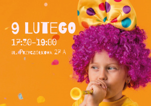 Plakat przedstawiający dziecko w przebraniu klauna, które jest zaproszeniem na bal karnawałowy, który odbędzie się 9 lutego od 17.30 do 19.00 w Filii CKW w Powsinie ul. Przyczółkowa 27A. Koszt uczestnictwa to 10 zł od dziecka. Zapisy od 2 lutego w placówkach CKW oraz na www.strefazajec.pl