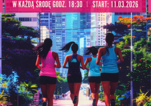 Plakat informuje o treningach biegowych „Wilanów”, odbywających się w każdą środę o godzinie 18:30 od 11 marca 2026 roku, a w tle widoczna jest grafika przedstawiająca cztery kobiety biegnące miejską alejką.