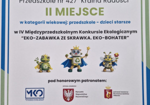 Dyplom przyznany Przedszkolu nr 427 „Kraina Radości” za zajęcie II miejsca w IV Międzyprzedszkolnym Konkursie Ekologicznym „Eko-zabawka ze skrawka. Eko-bohater” w kategorii dzieci starszych, ozdobiony kolorową grafiką z motywami ekologicznymi.
