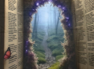 Na ilustracji widoczna jest otwarta książka tworząca magiczne przejście do baśniowego lasu z kamienną ścieżką prowadzącą w głąb tajemniczej krainy.