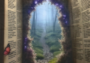 Na ilustracji widoczna jest otwarta książka tworząca magiczne przejście do baśniowego lasu z kamienną ścieżką prowadzącą w głąb tajemniczej krainy.