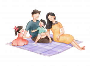 Na ilustracji widoczna jest uśmiechnięta rodzina siedząca razem na kocu – mama, tata oraz dwoje dzieci spędzający wspólnie miły czas.