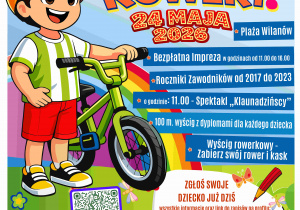 Zapraszamy dzieci i rodziny na bezpłatne wydarzenie „Dzieci na Rowery”. W programie znajdą się 100-metrowe wyścigi rowerkowe dla dzieci z roczników 2017–2023, dyplomy dla uczestników oraz spektakl „Klaunadzińscy”, który rozpocznie się o godz. 11.00. 24 maja 2026 r. w godzinach 11.00 - 16.00 na Plaży Wilanów Udział jest bezpłatny.