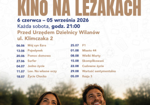 Wilanowskie Kino na Leżakach w każdą sobotę od 6 czerwca do 5 września o godzinie 21.00 przed Urzędem Dzielnicy Wilanów