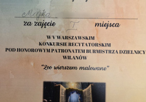 Dyplom za zajęcie pierwszego miejsca w konkursie recytatorskim
