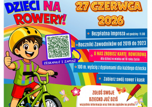 Kolorowy plakat, na którym znajduje się postać dziecka na rowerze. I