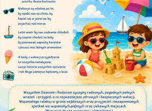 Kolorowy plakat wakacyjny z motywem plaży, morza, słońca oraz bawiących się dzieci. Na plakacie znajduje się wiersz „Wakacje” autorstwa Beaty Kozłowskiej oraz życzenia bezpiecznych i radosny