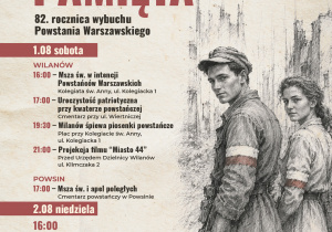 Plakat przedstawia parę powstańców na tle Warszawy. Stanowi zaproszenie do udziału w wilanowskich uroczystościach patriotycznych upamiętniających 82. rocznicę wybuchu Powstania Warszawskiego.