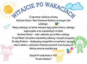 Plakat „Witajcie po wakacjach” wita dzieci i rodziców w nowym roku szkolnym, zawiera życzenia radosnego powrotu do przedszkola oraz kolorowe, dziecięce rysunki słońca, chmur i postaci.