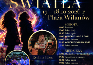 W dniach 17–18 października na Plaży Wilanów odbędzie się bezpłatny XIV Królewski Festiwal Światła. W programie zaplanowano m.in. pokazy laserowe i ogniowe, koncerty, występy iluzjonisty i teatrzyki dla dzieci. Przez cały weekend na uczestników będą czekać również liczne atrakcje rodzinne, takie jak planetarium, warsztaty czy strefa food trucków.